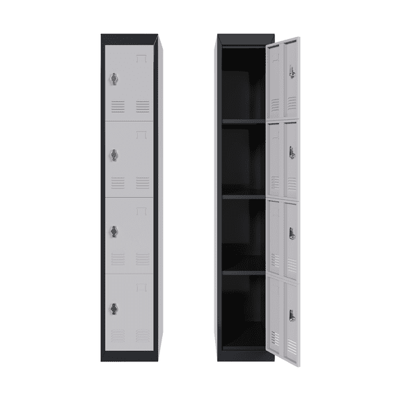 Slim Metal Storage Cabinet with 4 Lockable Doors – Heavy Duty Steel Locker with Shelves – Grey/Black Secure Organizer for Employee, School, Office, Gym, Utility Room