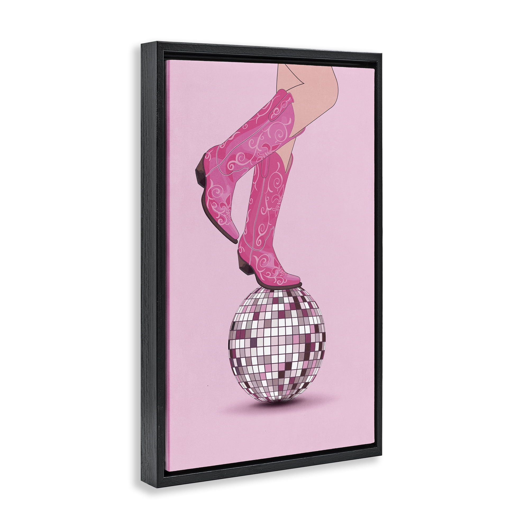 Stupell Industries Pink Cowgirl on Disco Ball People Painting Black Floater Framed Canvas Art Print Wall Art, 21 x 31