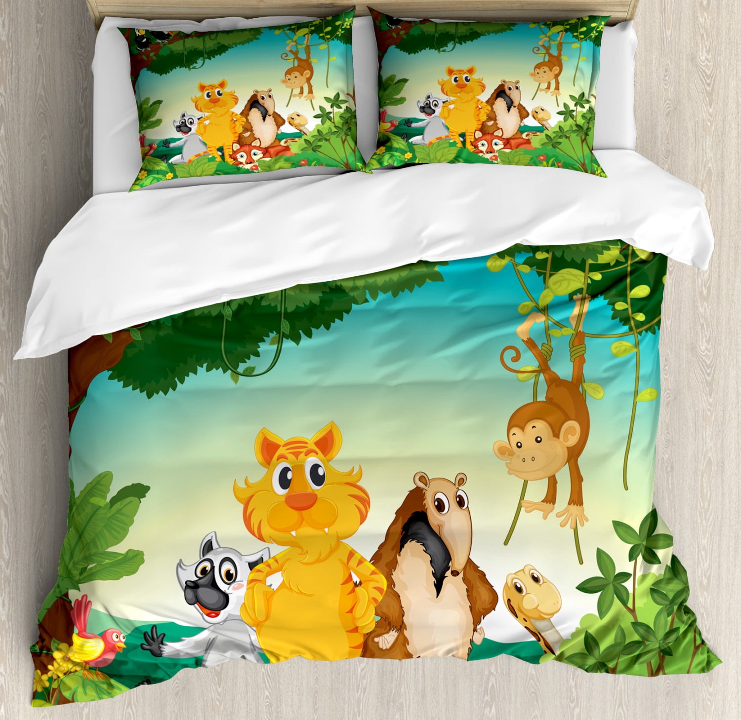 Ambesonne Educational Bedspread Green Yellow Zoo Alphabet Design Colorful Style Funny Cartoon Animals Children Kids School Twin Size Decorative Quilted 2 Piece Coverlet Set with Pillow Sham