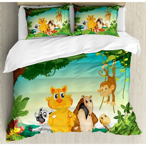 Zoo Duvet Cover Set King Size, Forest Scene with Different Animals Habitat Jungle Tropical Environment Kids Cartoon, Decorative 3 Piece Bedding Set with 2 Pillow Shams, Multicolor, by Ambesonne