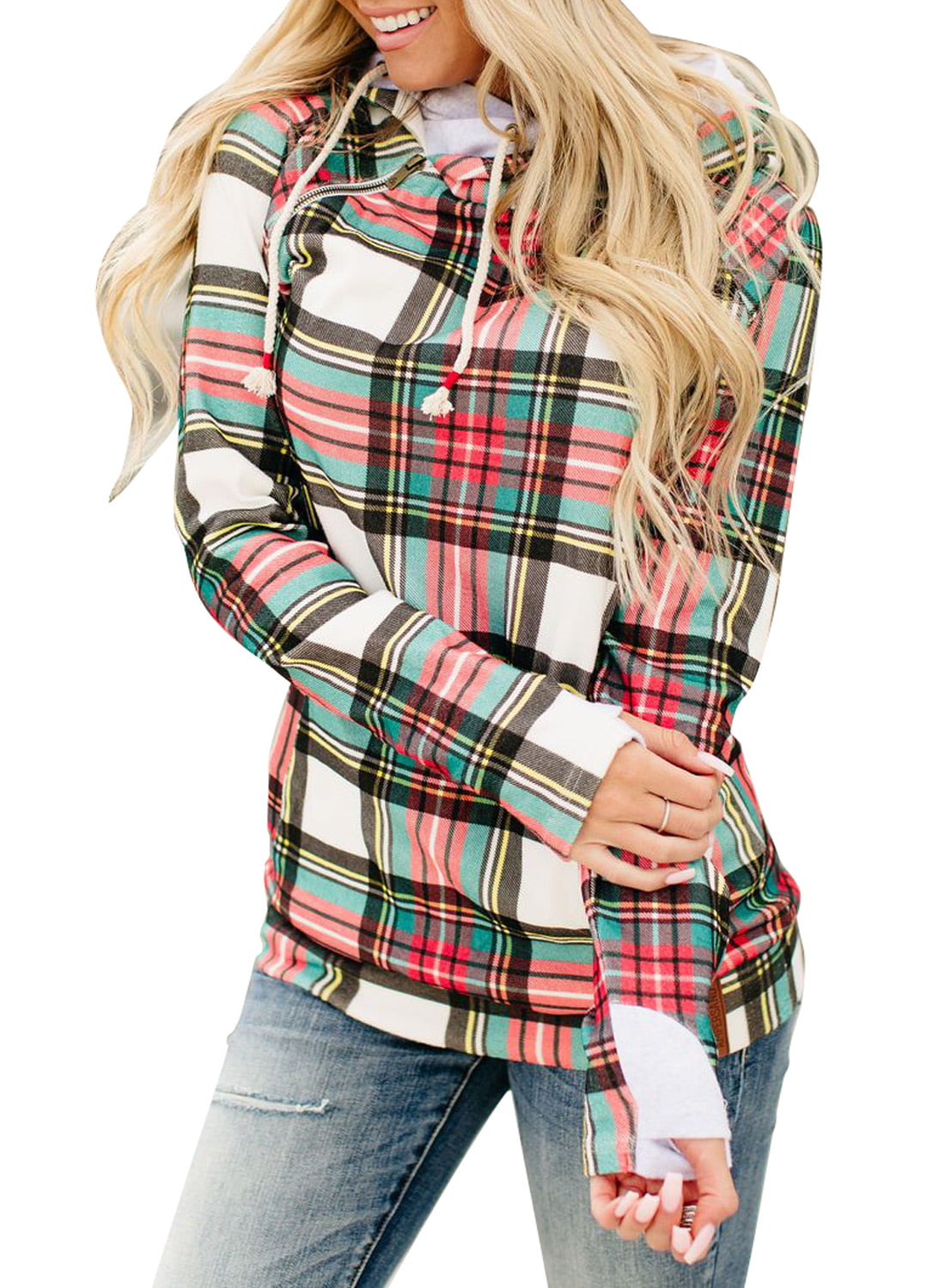 POTO Womens Long Sleeve Sweatshirt Plaid Patchwork Lightweight Hoodie Jackets Cowl Neck Fashion Tunic Pullover Sweaters 