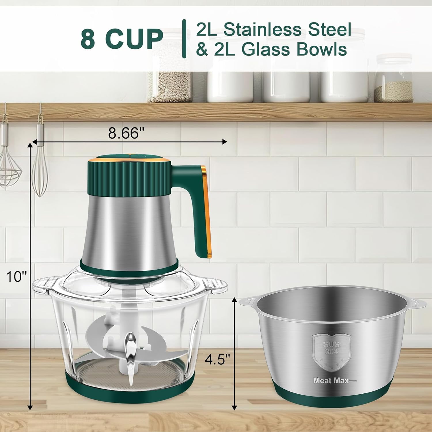 Food Processor, Meat Grinder with 2 Bowls (8 Cup+8 Cup), 5 Speed Modes Electric Food Chopper with 2 Sets Stainless Steel Blades, Kitchen Mincer for Meats Vegetables Fruits Baby Food, 300W (Green)