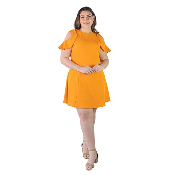 Plus Size Ruffle Cold Shoulder Knee Length Dress