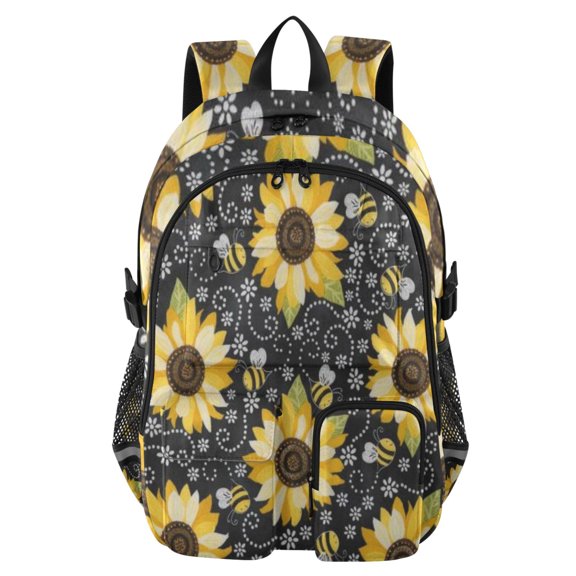 DIXRUYEE Sunflower Bee Noir Backpack for School 14”Laptop Compatible with Reflective Safety Strips