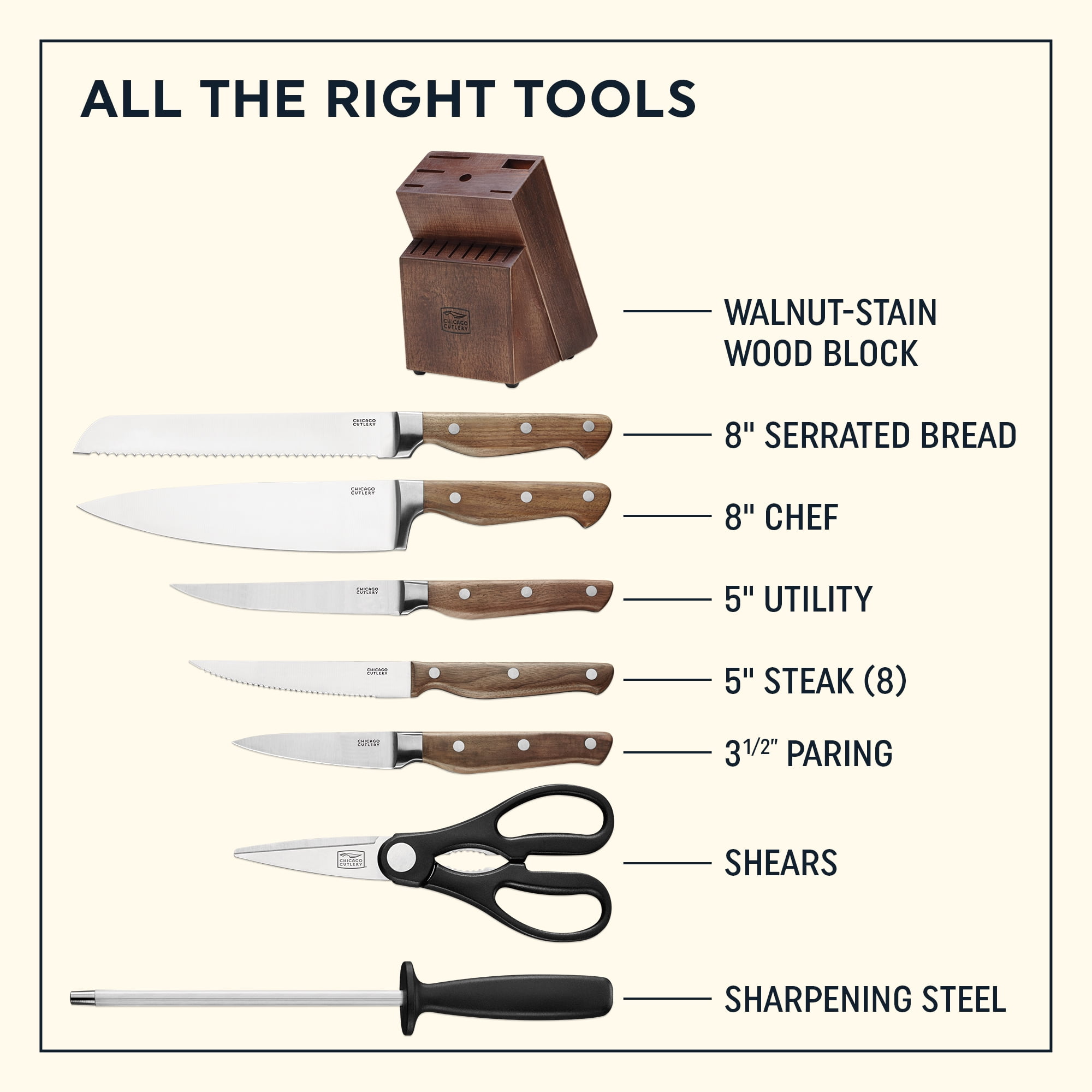 Chicago Cutlery Bread Chef Pairing Steak Knife Set of 8 Knives 1 Sharpener