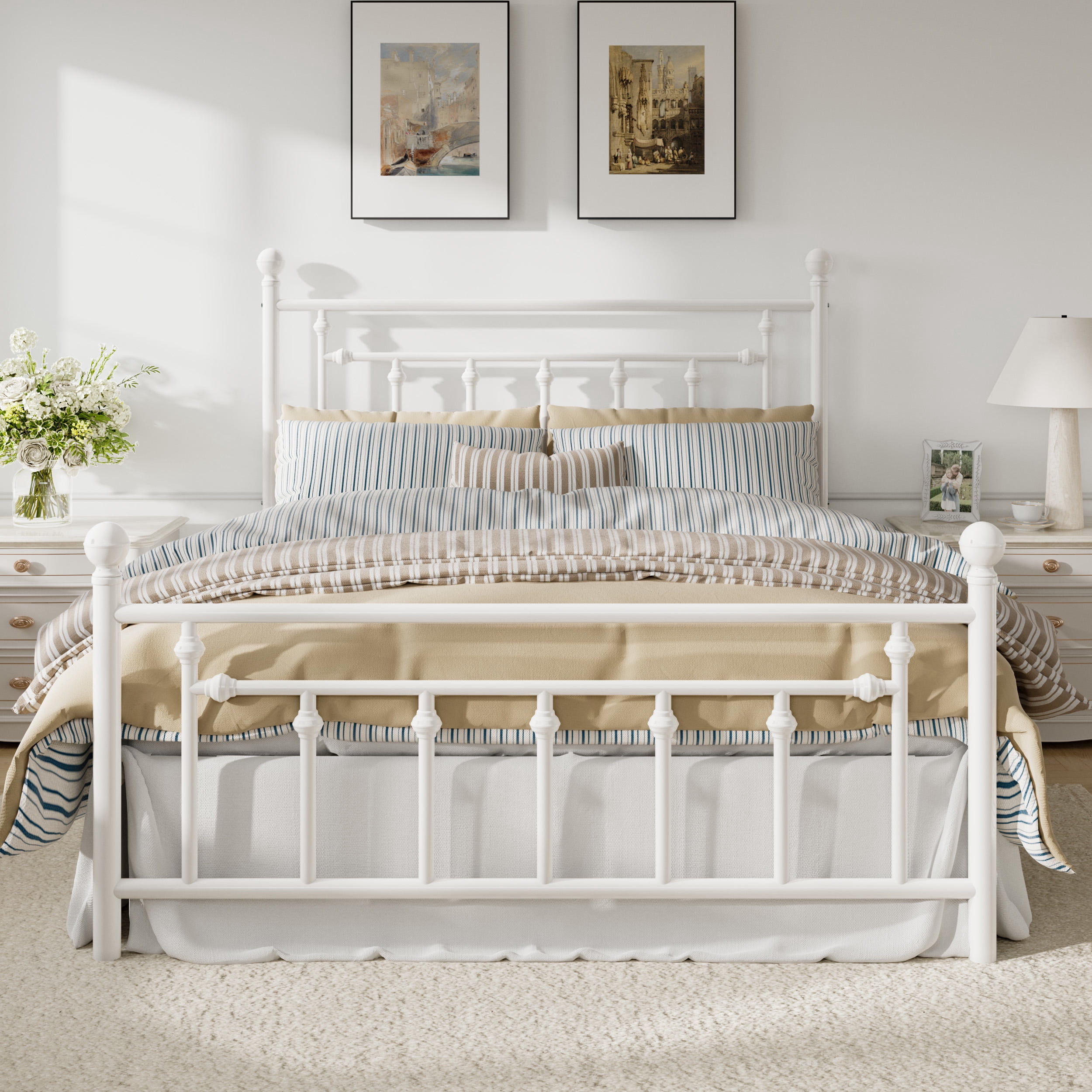 Amolife Full Bed Frame, Metal Platform Bed Frame with Vintage Pattern Headboard, White