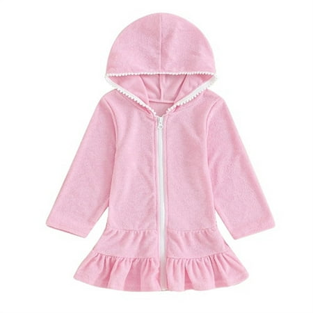 Odeerbi Kids Girls Swimsuit Cover Up Hooded Bikini Coverups Fashion Solid Color Zipper Cover Up Dress Long Robe Long Sleeve Beach Skirt Kids Clothes Pink