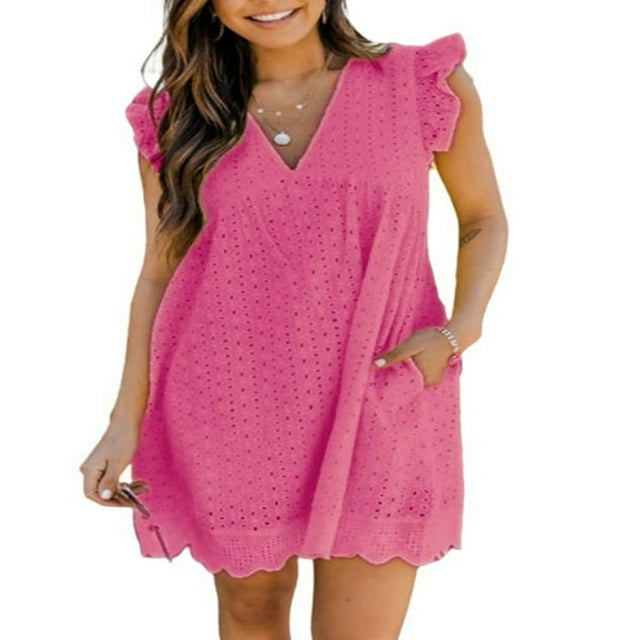 Femmes Casual Robe Été V Cou Mouche Manches Dentelle Jacquard Couleur Unie Robes Amples avec Short Doublé