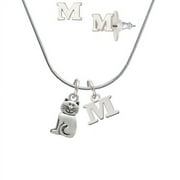 2-D Smiling Cat - M Initial Charm Necklace and Stud Earrings Jewelry Set