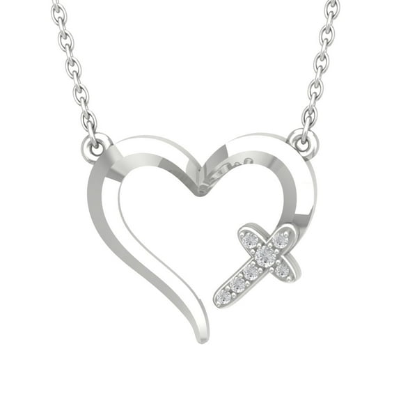 Araiya 14K White Gold Round Diamond Cross Heart Pendant with Sterling Silver Chain Necklace (1/20 cttw, I-J Color, I2-I3 Clarity), 18"
