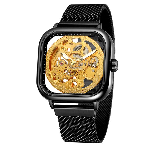 FORSINING FORSINING 291 Montre Mécanique de Luxe pour Homme avec Cadran Squelette, Aiguilles Lumineuses et Bracelet en Maille en Acier Inoxydable, Résistant à l'Eau 3 ATM, Cadran Noir avec Accents Dorés