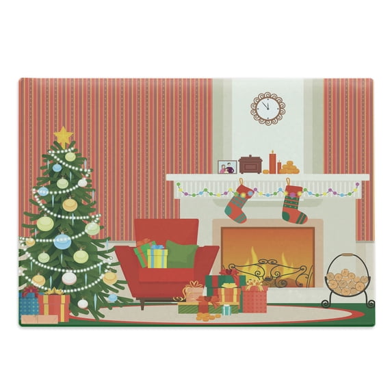 Fireplace Cutting Board, Cartoon Design Living Room Look with Christmas Essential Tree and Present Boxes, Decorative Tempered Glass Cutting and Serving Board, in 3 Sizes, by Ambesonne