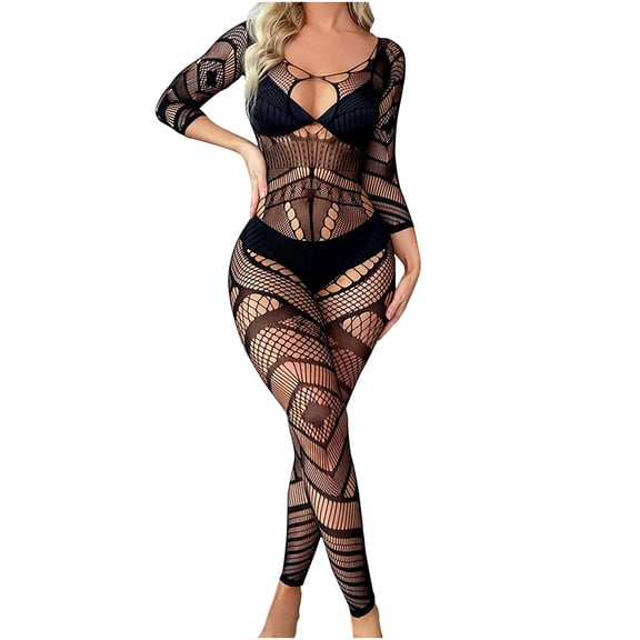 Odeerbi Women's Lingerie Bodysuit Set 2025 Valentine's Day Sexy Lingerie Fishnet Seamless Mesh Netting Stockings Chemise Hollow Out Bodysuit Sleepwear Black