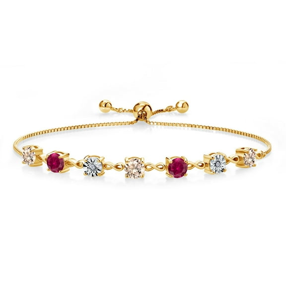 Gem Stone King 3.21 Cttw Peach Morganite Red Created Ruby and Lab Grown Diamond Tennis Bracelet for Women | 18K Yellow Gold Plated Silver | Adjustable Bolo Bracelet for Women