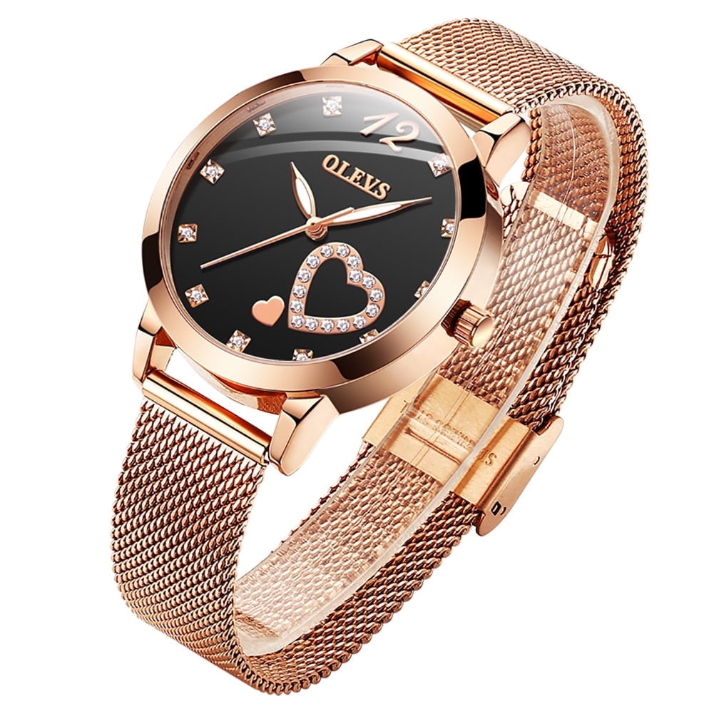 Olevs Elegant Women s Watch Rose Gold Diamond Hearts Big Face Mesh Strap Fashion Dress Japanese Quartz Waterproof Luminous Ladies Watches Female Wristwatch Gifts for Women Walmart