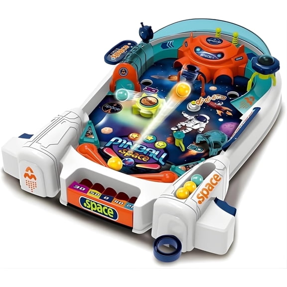 OLEOCA Space Pinball Machine — Tabletop Arcade Game with Obstacles, Pull-Rod Launcher, Flippers, UFO Bumpers & Astronaut Theme, 1–2 Player Mini Pinball for Kids Ages 3 