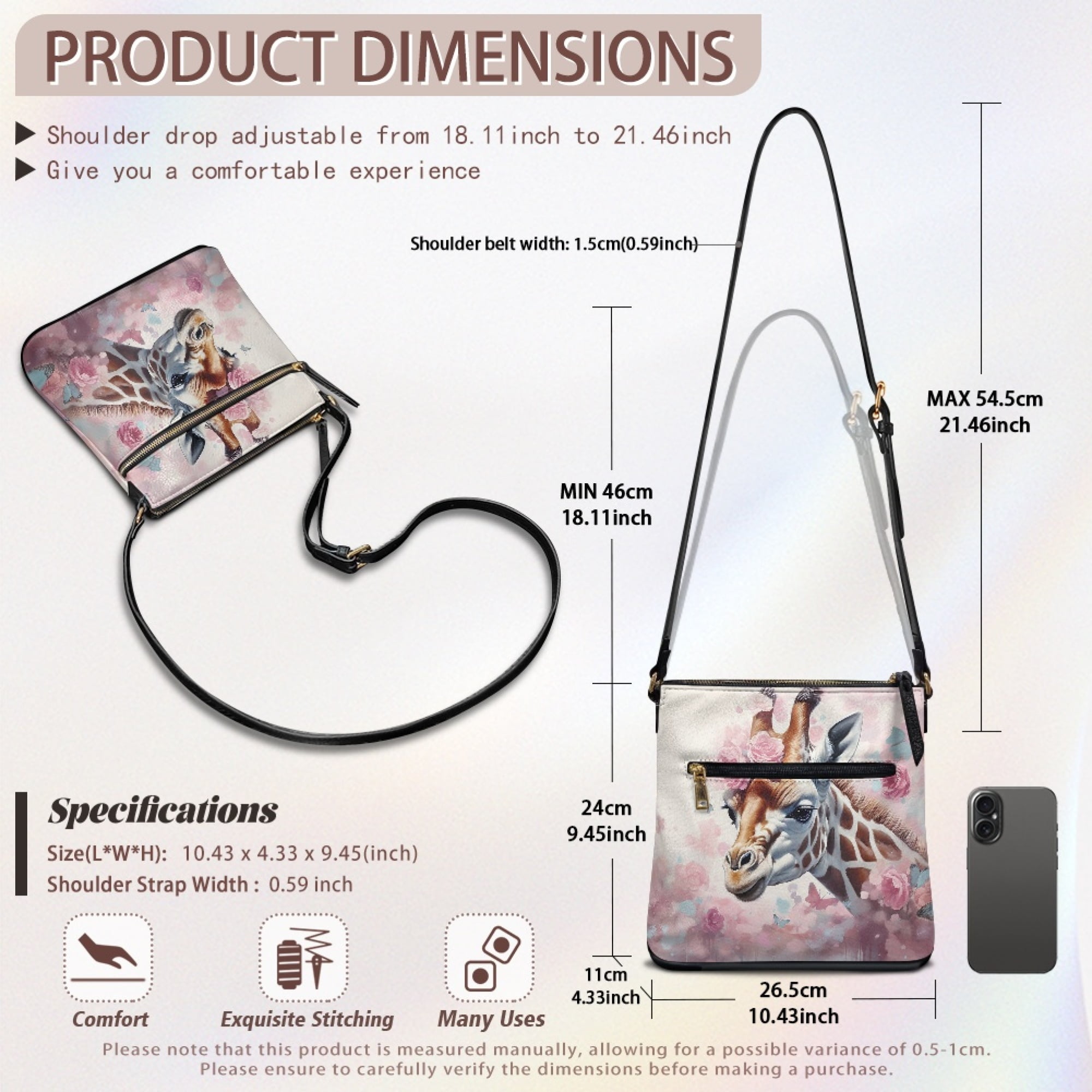 Kuiaobaty Giraffe Flower Print Crossbody Bag for Women Waterproof, Casual Vegan Leather Crossbody Purse with Adjustable Strap, Large Capacity Hobo Handbag for Travel, Work & Shopping
