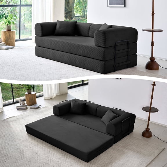 79'' Boneless Convertible Sofa Bed, Foldable Sleeper Couch with Corduroy for Living Room Apartment, Black