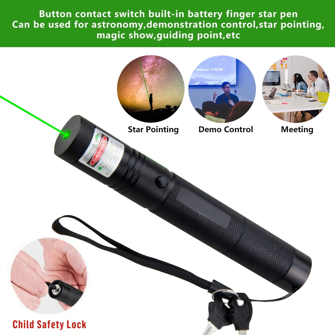 2 Pack Rechargeable Green Laser Pointer Battery Charger Set Adjustable Focus Aerometal Body Power Teaching Presentation Astronomy Stargazing Indoor Outdoor Durable Construction Visible Light