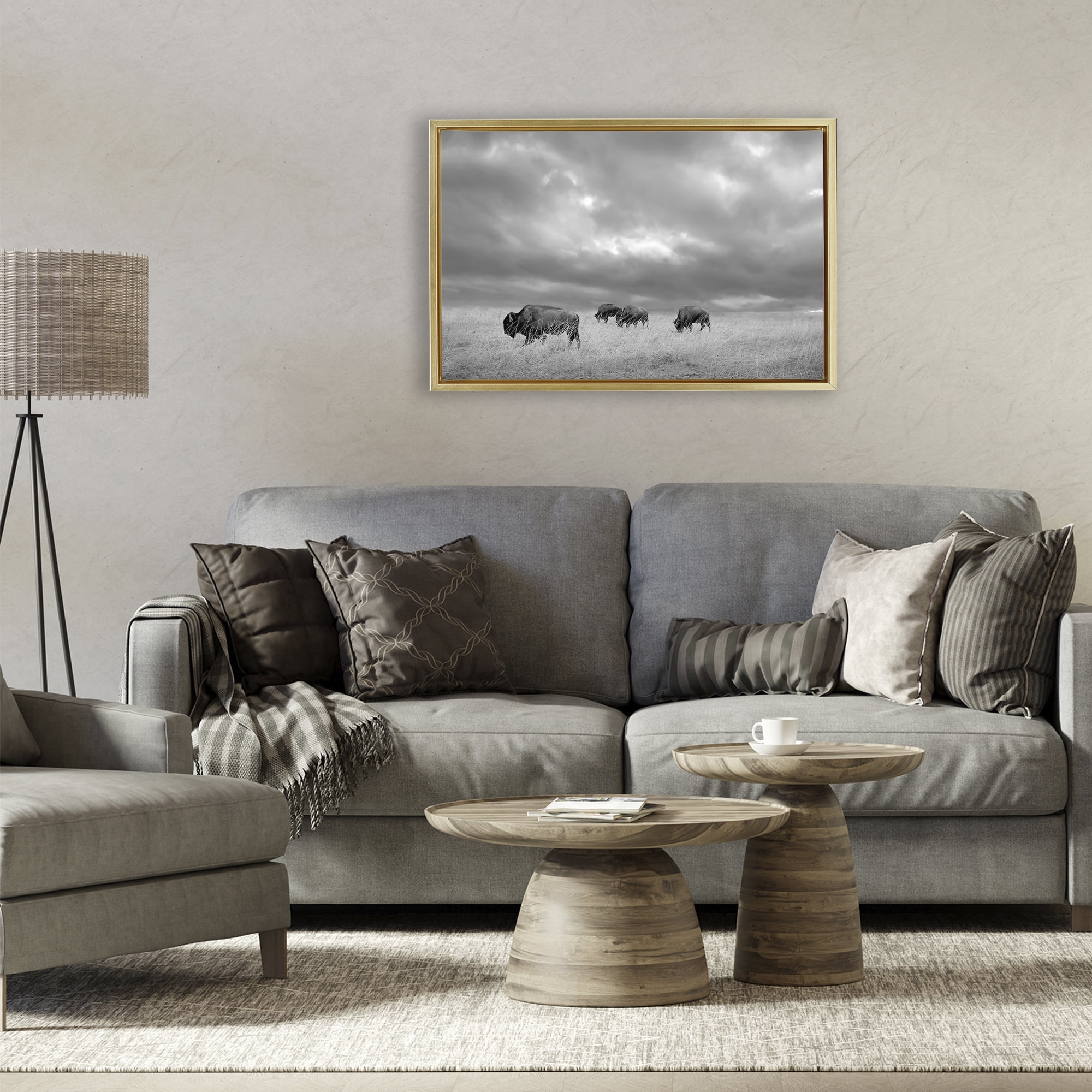 Stupell Industries Bisons Under an Autumn Sky Gold Framed Floater Canvas Wall Art, design by Steve Toole