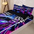 thumbnail image 3 of Castle Fairy Neon Race Car Trio Zipper Twin Comforter Sets with Fitted Sheet and 2 Pillowcases,Checkered Flag Glow Zipper Bedding Set for Bedroom,Purple Pink,4-Piece,Black Reversible, 3 of 6