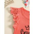 thumbnail image 6 of vera natura Baby Girl 3 Piece Summer Set, Letter Print Fly Sleeve Ribbed Romper Layered Hem Shorts Bow Headband Outfits, 6 of 7