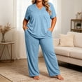 thumbnail image 2 of PJ Sets for Woman Fashionable Oversized Solid Color Button V Neck Short Sleeved Shirt Long Pants Casual Home Suit Set XXXL, 2 of 6