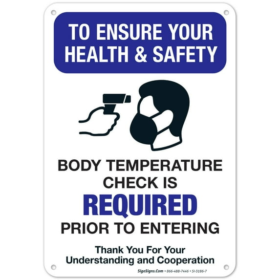 Body Temperature Check Required Sign, Social Distancing Sign, 10x7 Aluminum