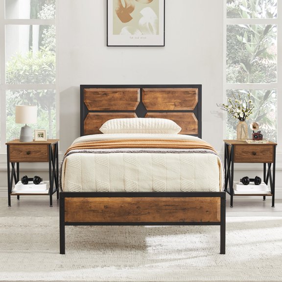 VECELO 3-Piece Bedroom Set (Set of 3) Bed Frame and 2 Nightstand