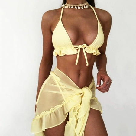 Gaecuw Bikini Swimwear for Women with Cover up Bikini Wrap Skirt Halter Triangle Swimwear Top Sleeveless High Waisted Skirted Swim Bottom Tie Closure Swimsuits Solid Bathing Suits Halter Neck Lace