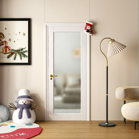 30'' X 80" Frosted Glass Slab Door Solid Manufactured Wood -shower door White Primed Standard Door Without Hardware Kit