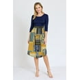 thumbnail image 2 of Navy 3/4 Sleeve Mustard Patchwork Midi Dress with Olive Band | S-3X, 2 of 7