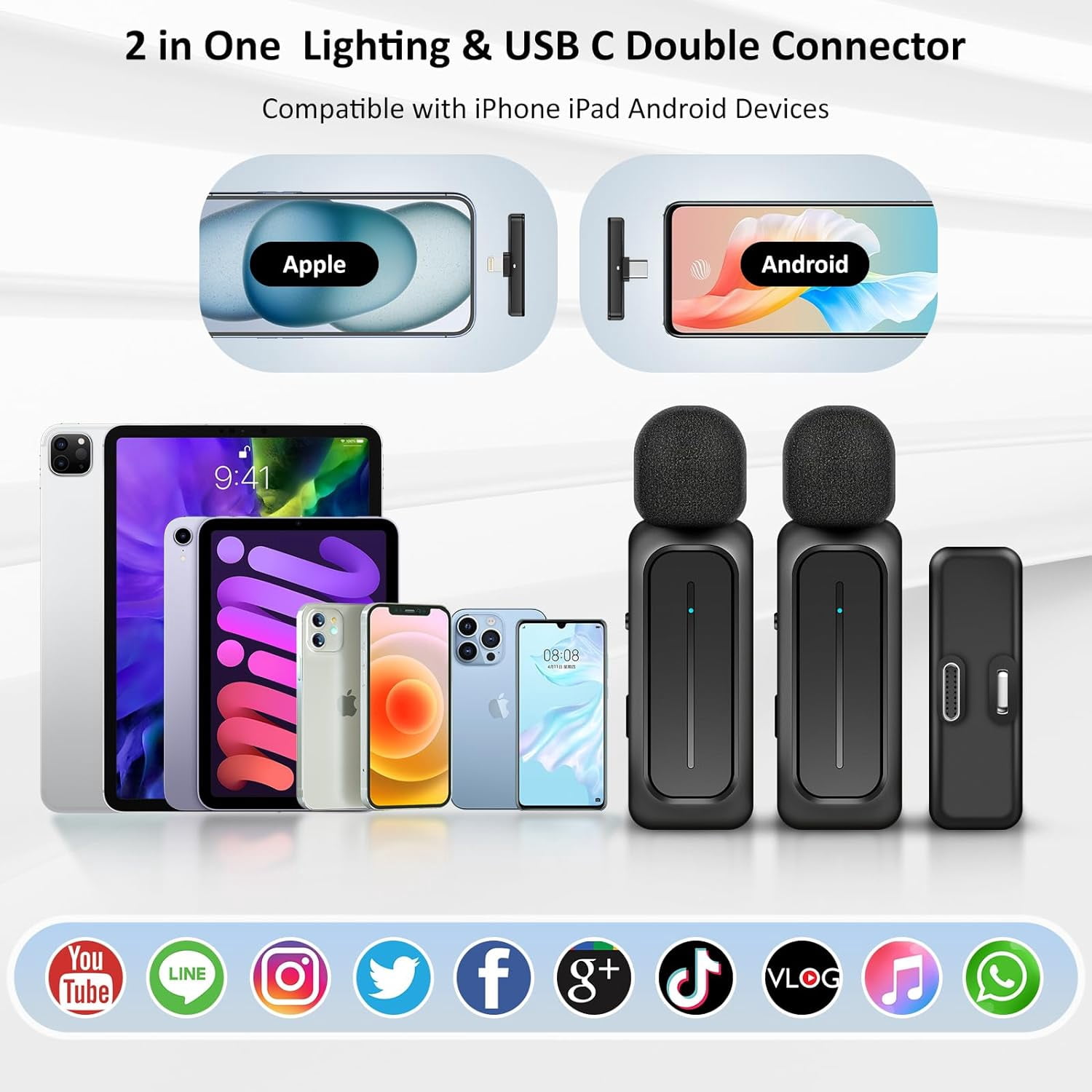 XIHAMA 2pcs Wireless Lavalier Microphone for iPhone iPad Android with Charging Case 7H Lavalier Wireless Microphone for Video Recording Vlogging, YouTube, Interview, 3 Modes Noise Cancellation