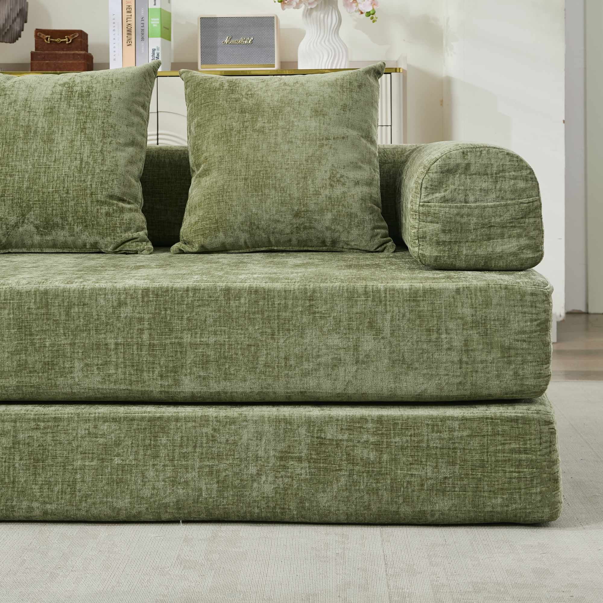 Yoneston 78.8" Convertible Chenille Sleeper Sofa, Modular Multi-Functional Floor Sofa Bed with Pillows for Living Room, Bedroom, Green