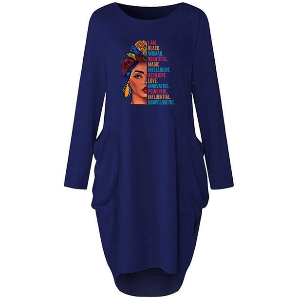 Vestido túnica de gran tamaño con bolsillo suelto de manga larga mágica hermosa de mujer negra Ormromra WMZL-2059-26