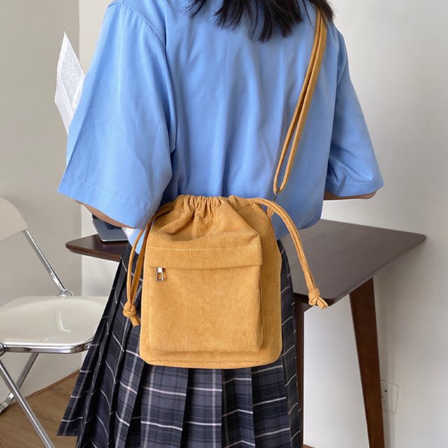 Bolso tipo cubo para mujer, bandolera de pana con correa ajustable, bolso de viaje suave y holgado