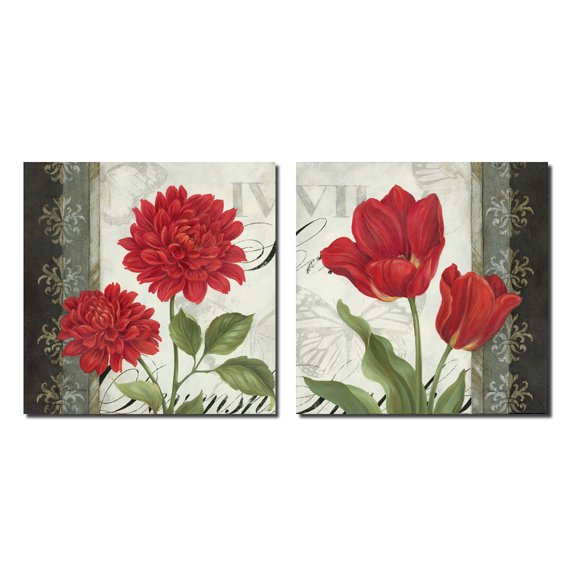 Etude En Rouge I Beautiful, Vintage Red and Grey Flower Set; Floral Decor; Two 12x12 Poster Prints