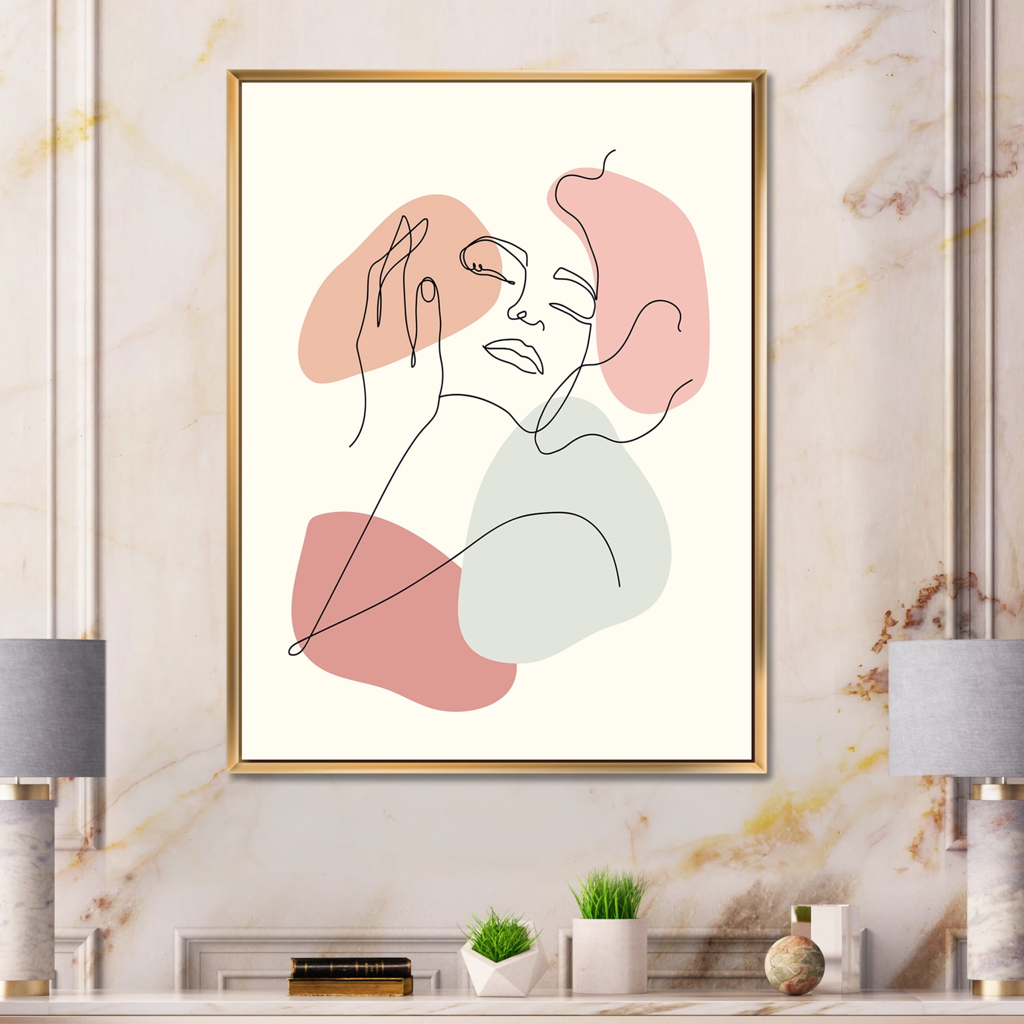 Designart 'Continuous One Line Portrait of Woman' Modern Framed Canvas Wall Art Print