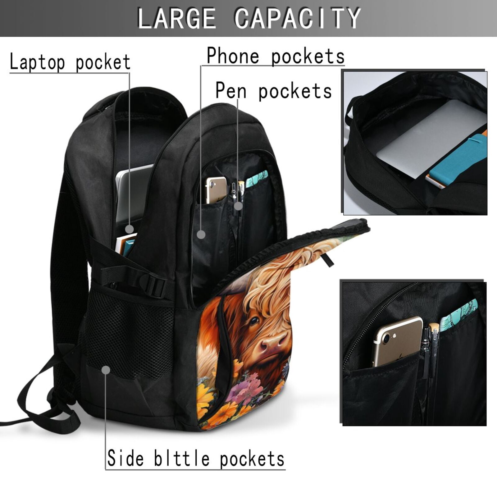 Ratiio Countryside Colorful Floral Cow Print Travel Laptop Backpack,Slim Sturdy Laptops Backpack with USB Charging Port, Water Resistant College School Computer Bag