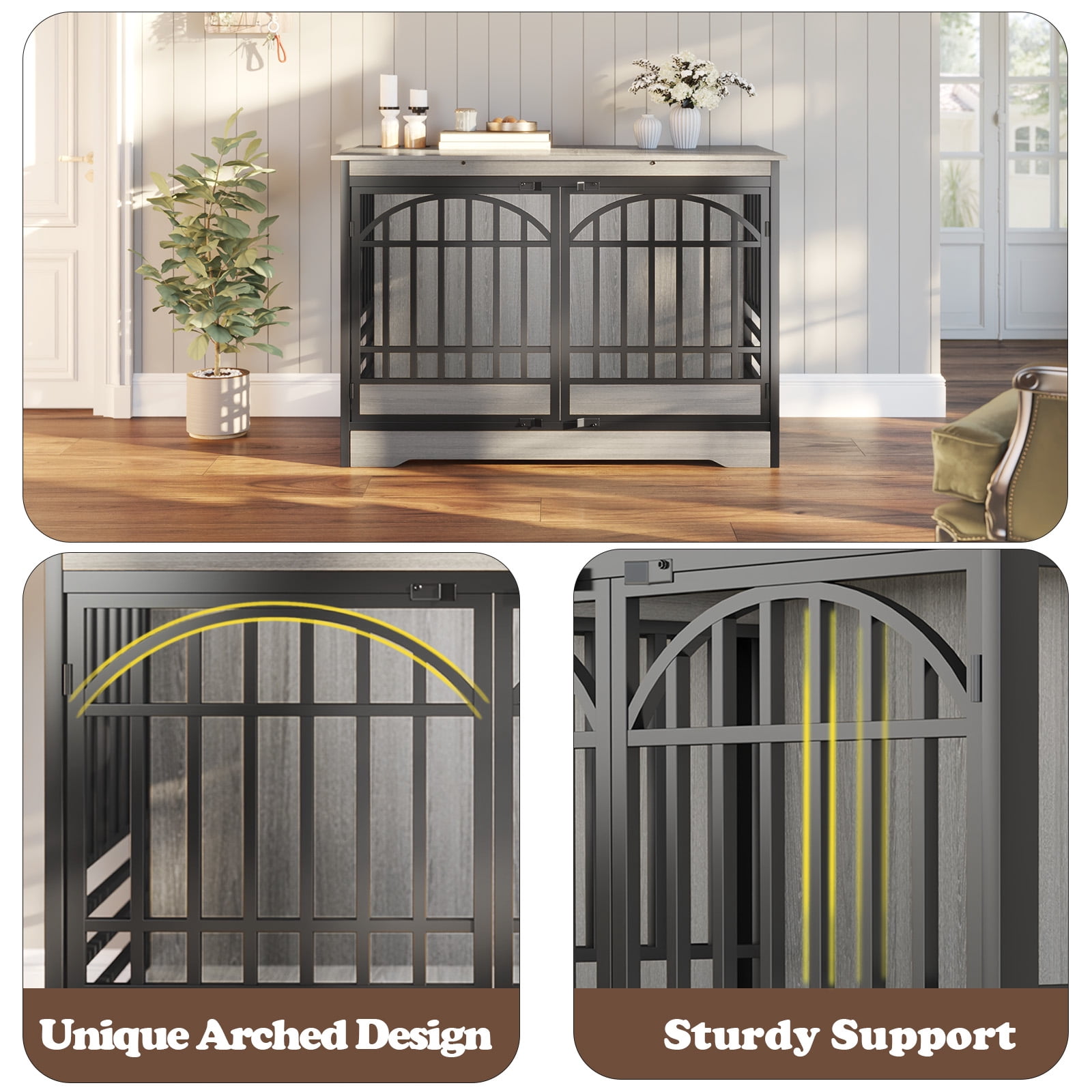 52 Inch Dog Crate Furniture, XL Indoor Dog Kennel for Extra Large Breeds, Heavy Duty Wooden Dog Cage with Double Arched Doors, TV Stand & End Table, Gray