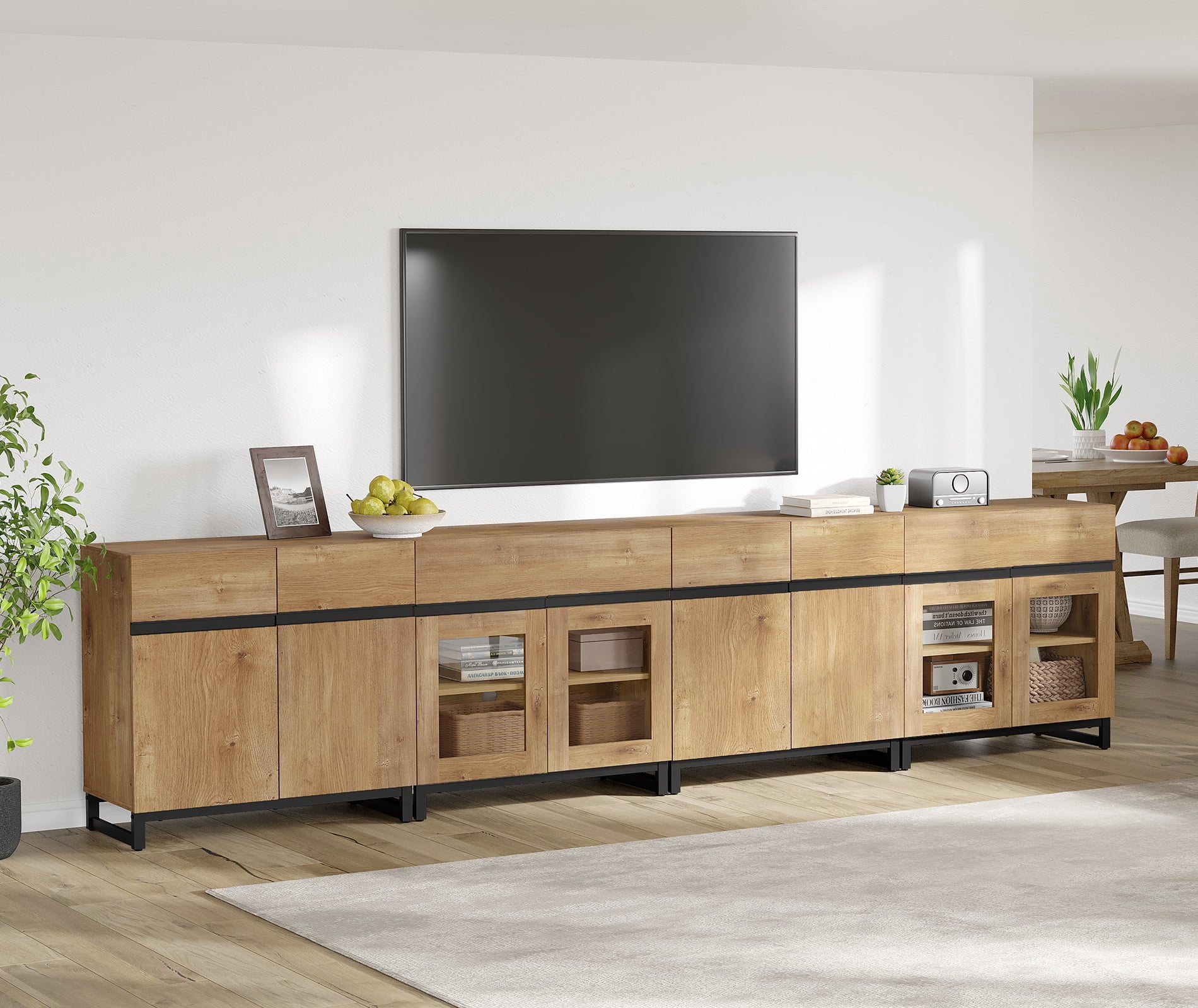 Modern TV Stand For Tvs Up To 120 Inches, 4 In 1 TV Console With Glass Doors And 2 Drawers, Media Console With Adjustable Shelf For Living Room,Oak