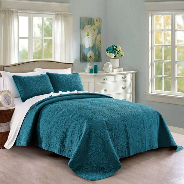 Quilt Set Full/Queen Size Teal Oversized Bedspread Soft Microfiber
