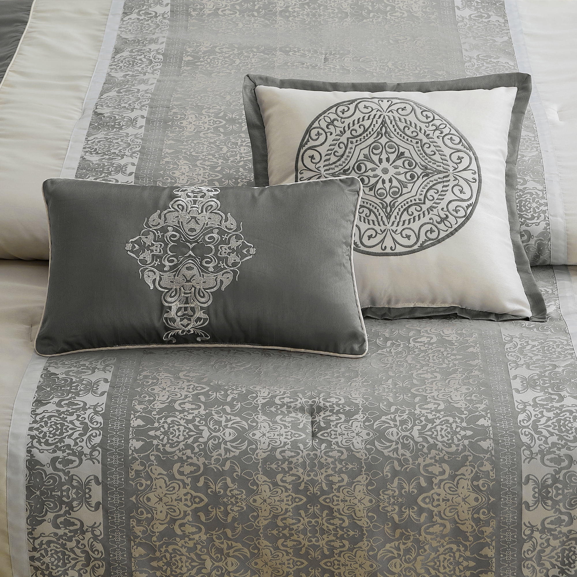 Lanco Damask 8 Piece Comforter Set, Silver/Ivory, King, Fill Polyester, Patchwork