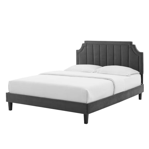 Platform Bed Frame, King Size, Velvet, Dark Grey Gray, Modern Contemporary Urban Design, Bedroom Master Guest Suite