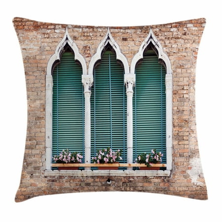 Venice Flower - Venice Throw Pillow Cushion Cover, Traditional Ancient Gothic Style Windows with Flower Pots on Brick Wall, Decorative Square Accent Pillow Case, 18 X 18 Inches, Light Brown White Blue, by Ambesonne