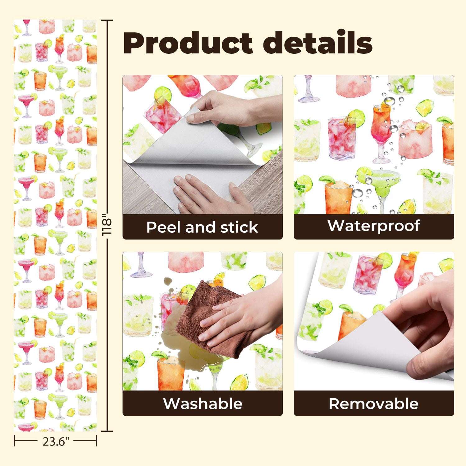 Peel and Stick Wallpaper Watercolor Cocktail Drinks Colorful Glasses Citrus Slices Wall Mural 23.6in x 9.8ft Self Adhesive Removable Wall Paper Renter Friendly Wallpaper for Nursery Bedroom Cabinets