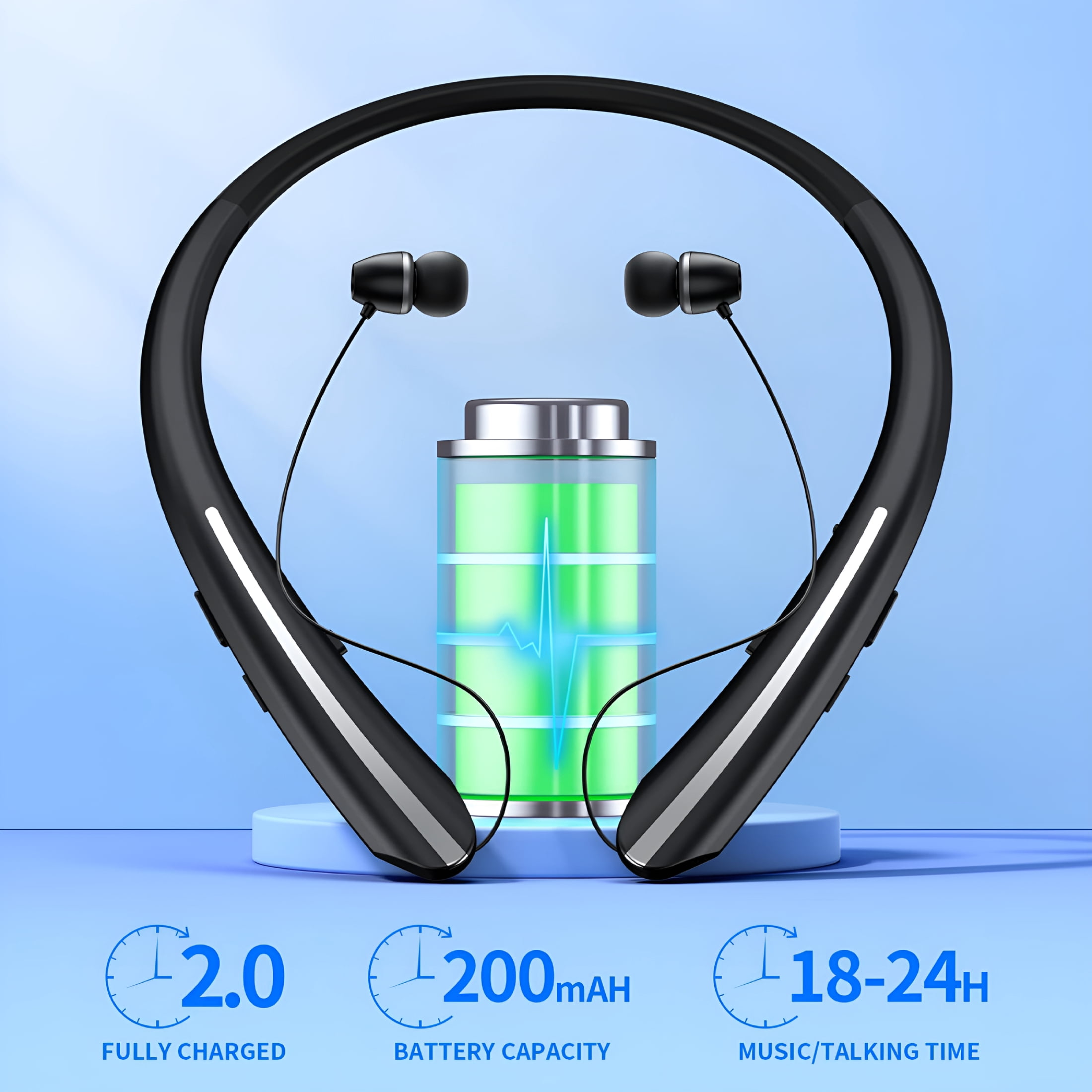 GJX Retractable Bluetooth Neckband Headphones - Wireless Headset with High Volume Earbuds, Sweatproof Design, Vibrate Alert, and Mic - Compatible with iPhone, iPad, Samsung, Android