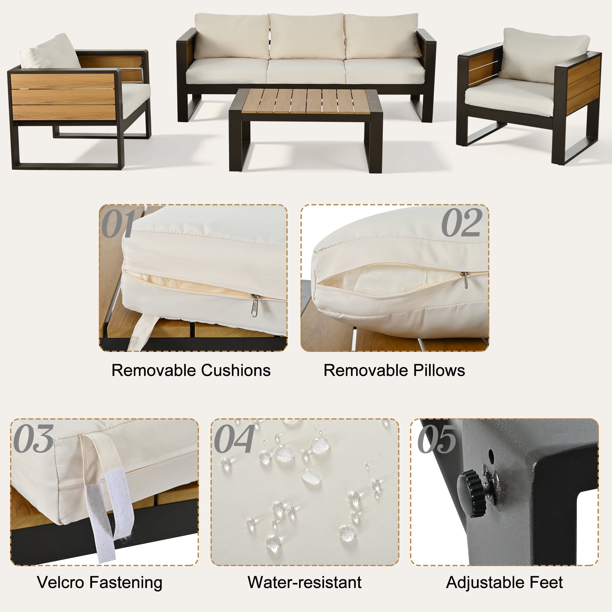 Mintazer 4-Piece Aluminum Patio Conversation Set with Tables & Sofa and 2 Armchairs, Modern Outdoor Furniture Set with Cushions for Patio Garden Balcony Backyard, Beige & Natural