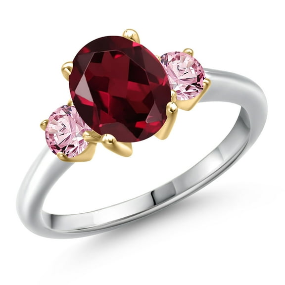 Gem Stone King 925 Silver and 10K Yellow Gold Red Rhodolite Garnet and Pink Lab Grown Diamond Engagement Ring for Women | 2.50 Cttw | Oval 9X7MM | Gemstone January Birthstone | Size 9