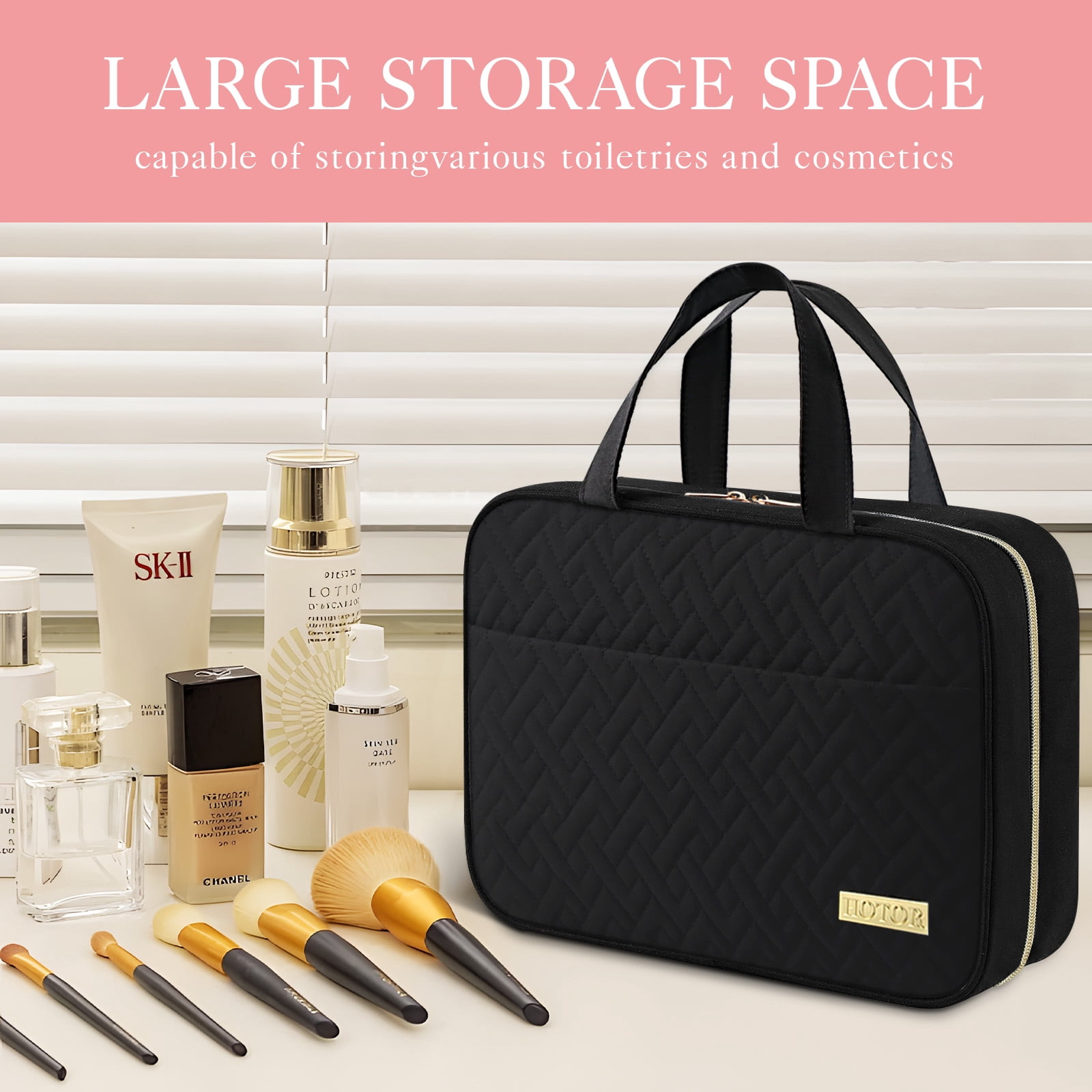HOTOR Travel Toiletry Bag for Women & Men, Spacious Hanging Hook Makeup Bag for Travel Size Toiletries, Black